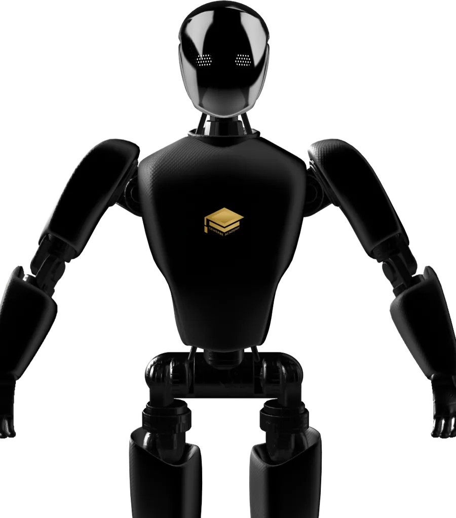 Humanoider Roboter mit dem Logo der Gewerbe Academy auf der Brust